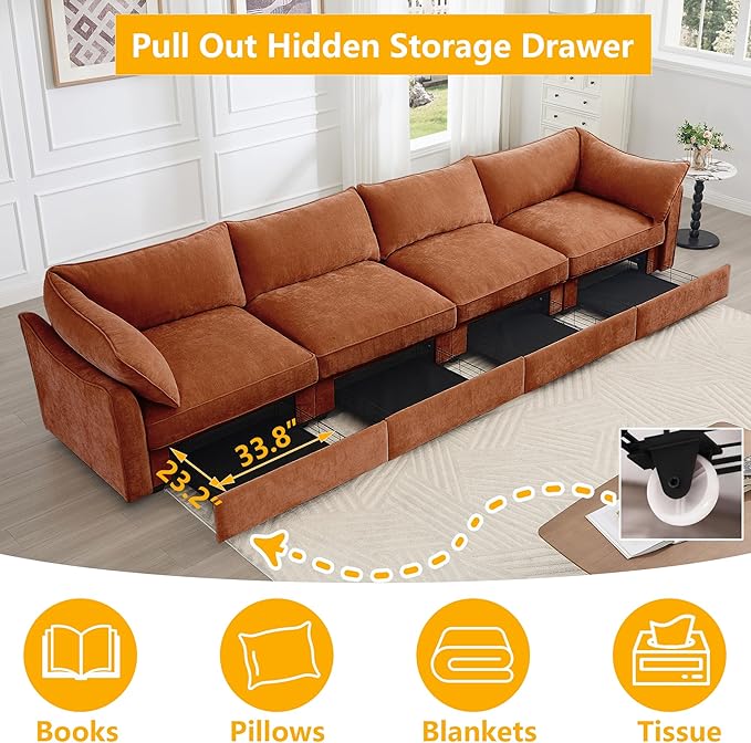 Aoowow Modular Sectional Sofa with Pullout Storage Seat 146.4” Chenille Comfy 4-Seat Sofa Couch Upholstered Deep Seat Couches with Armrests for Living Room Apartment OfficeOrange