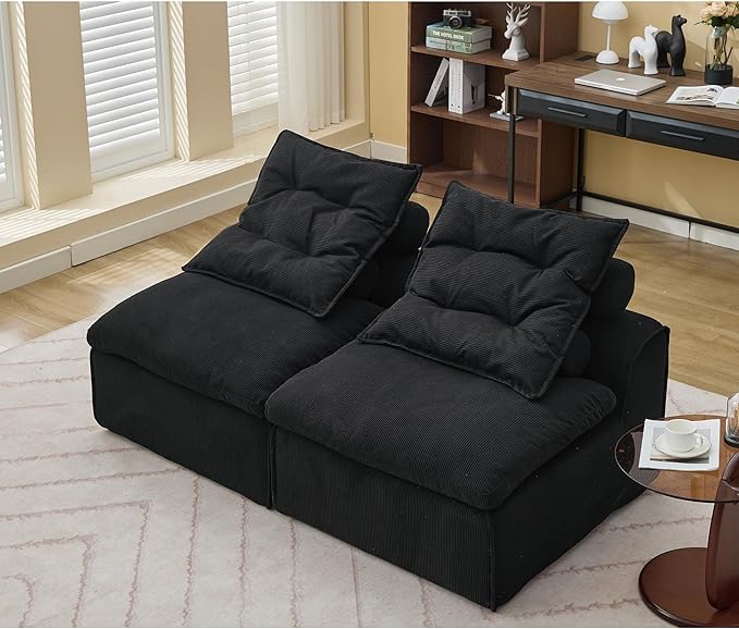 JUSTONE Modular Floor Sofa 2-Seater Armless Chair with Neck Pillow Soft Corduroy Fabric for Living Room Apartment Guest Room Black