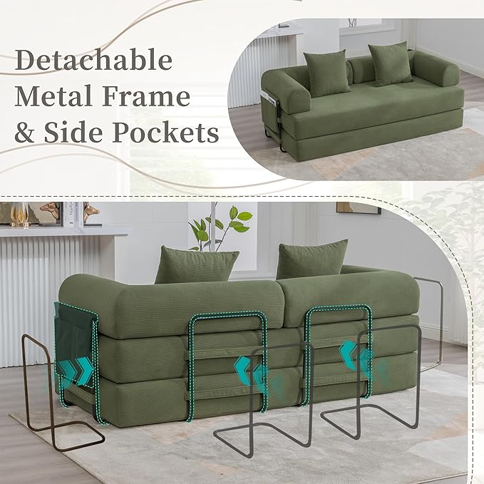 Convertible Sleeper Sofa Bed 78.5 Folding Floor Sofa Mattress Couch with Pillows Corduroy Futon Boneless Couch Lounge Loveseat with Pull Out Bed Green