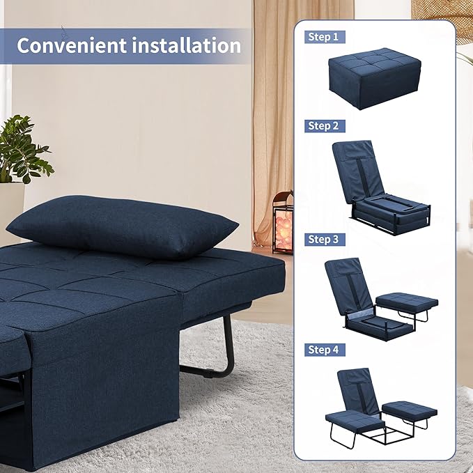 Ainfox Convertible Sofa Bed4-in-1 Multi-Functional Futon Chair Bed Folding &amp No Installation Sofa Couch with Adjustable Backrest Recliner for Living Room Small Spaces and Office(Dark Blue)