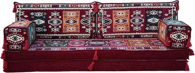 arabicsofa Maroon Arabic Majlis Sofa with Cushions – Modular Loveseat Floor Sofa for Living Room
