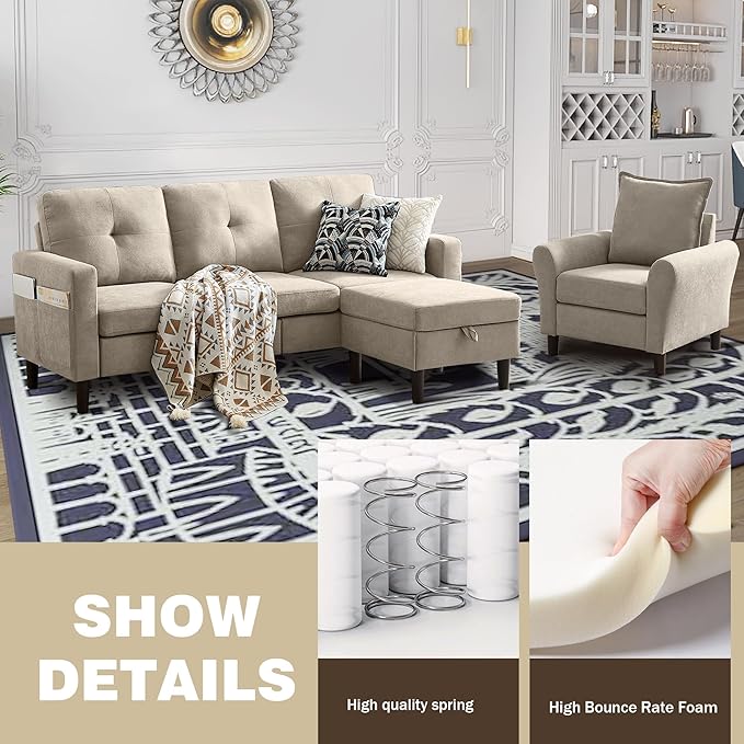 2 Piece Convertible Sectional Sofa Set 3-Seat L Shaped Couch with Storage Ottoman Side Pocket Single Seat Accent Chair Set for Small Spaces Polyester Fibre Beige