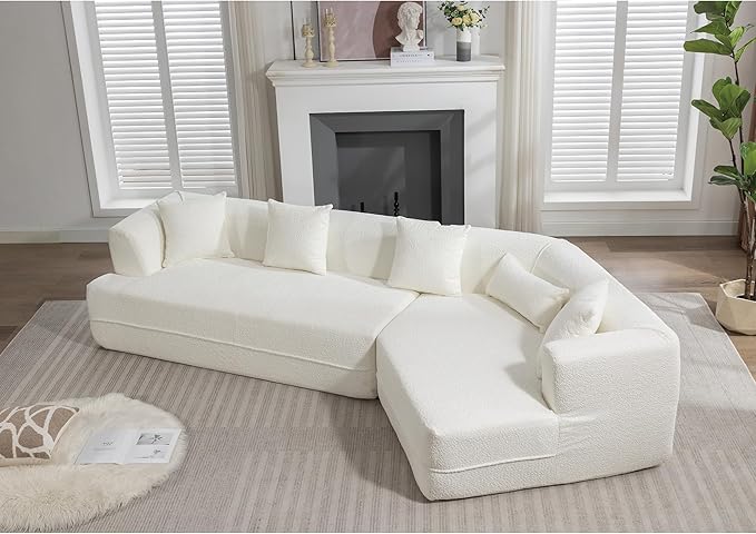 KEIKI 128 Oversized Modular Boucle Sectional Sofa with Flared Armrest Modern Minimalist Style 3-Seater Reversible Combination Couch Easy Assembly for Apartment Living Room Bedroom Creamy White