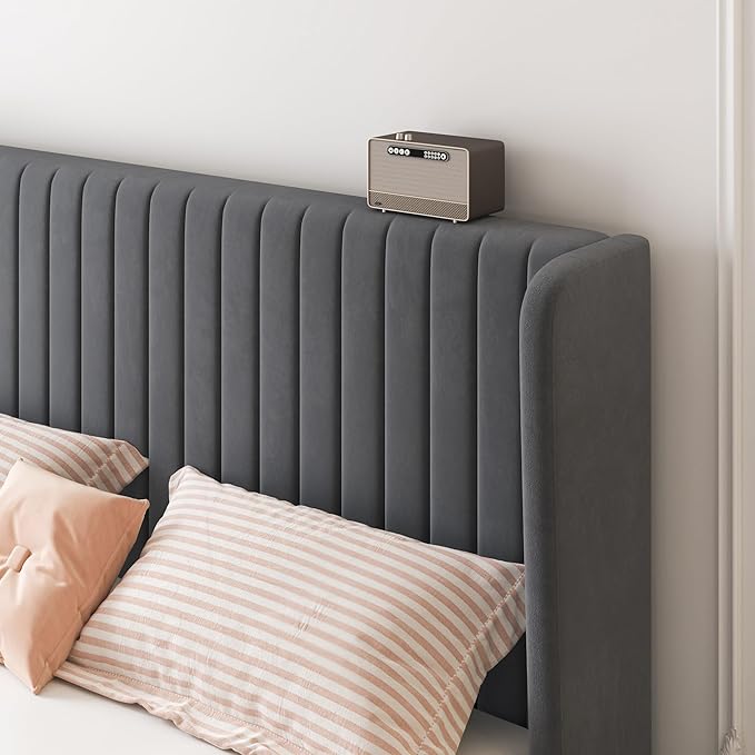 SHA CERLIN Queen Size Velvet Bed Frame with Vertical Channel Tufted Wingback Headboard Upholstered Platform Bed with Wood Slats No Box Spring Needed Easy Assembly Grey