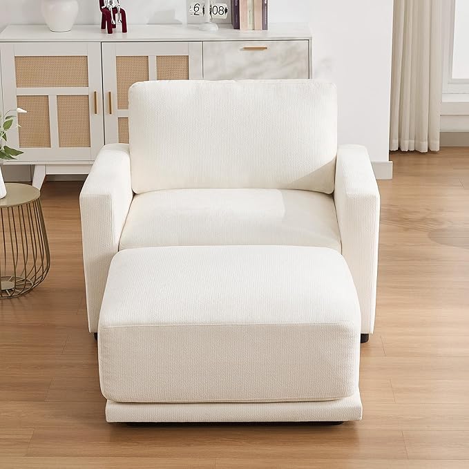 44.2 Oversized Sofa Chair with Ottoman Upholstered Accent Chair with Thick Cushions Single Sofa Lounge Chenille Comfy Reading Chair for Living Room Easy Assembly White