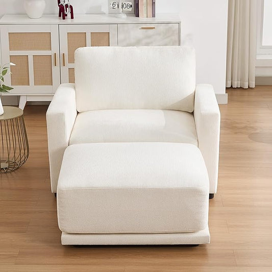 44.2 Oversized Sofa Chair with Ottoman Upholstered Accent Chair with Thick Cushions Single Sofa Lounge Chenille Comfy Reading Chair for Living Room Easy Assembly White