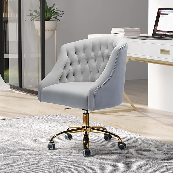Velvet Home Office Chair with Gold Base Comfortable Modern Cute Desk Chair Adjustable Swivel Task Chair for Living Room Bedroom Vanity Study Grey