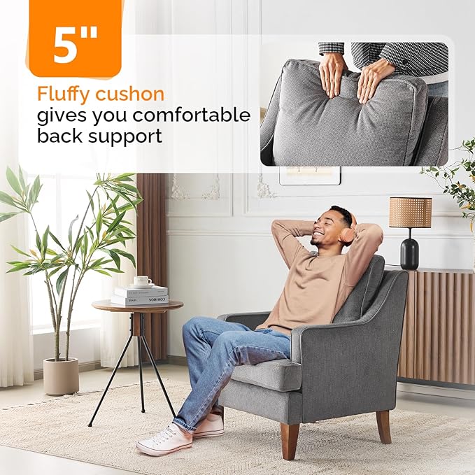 VINGLI Mid-Century Modern Accent Chairs Set of 2 Light Grey Upholstered Armchair Comfy Sofa Chairs Reading Chair High Back for Living Room Bedroom Furniture Apartment