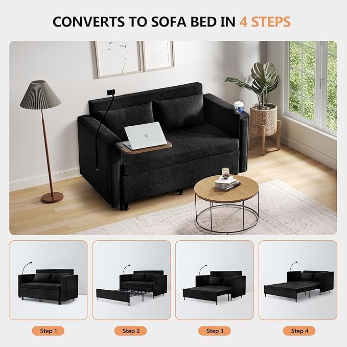 3-in-1 Convertible Sleeper Sofa Couch with Pullout Bed Loveseat Sleeper Sofa Bed with Hidden Side Table 56 Full Size Folding Futon Couch for Living Room Guest Room Apartment Home Office (Black)