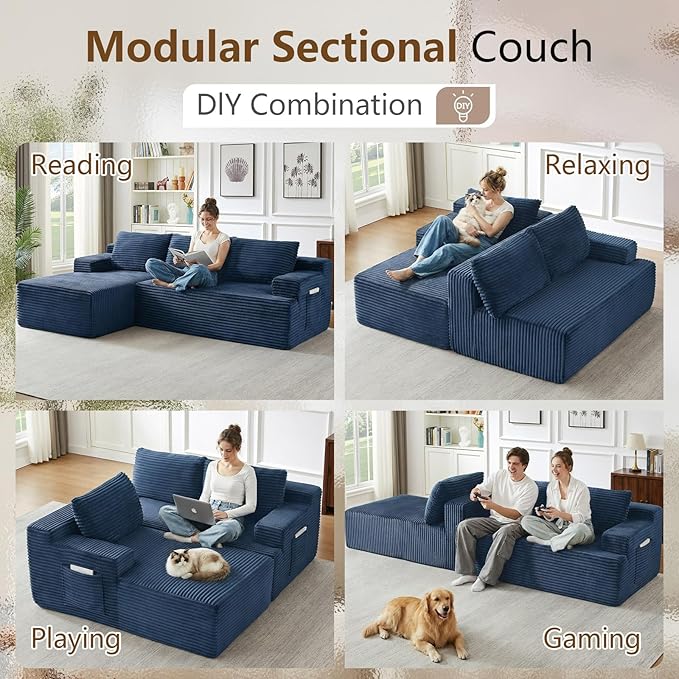 96 Cloud Sectional Couch with L-Shape Chaise Modular Comfy Sofa Chaise Longue Upholstered Corduroy Couches Sleeper with Deep Seat for Living Room Bedroom No Assembly Required(Blue Left Facing)