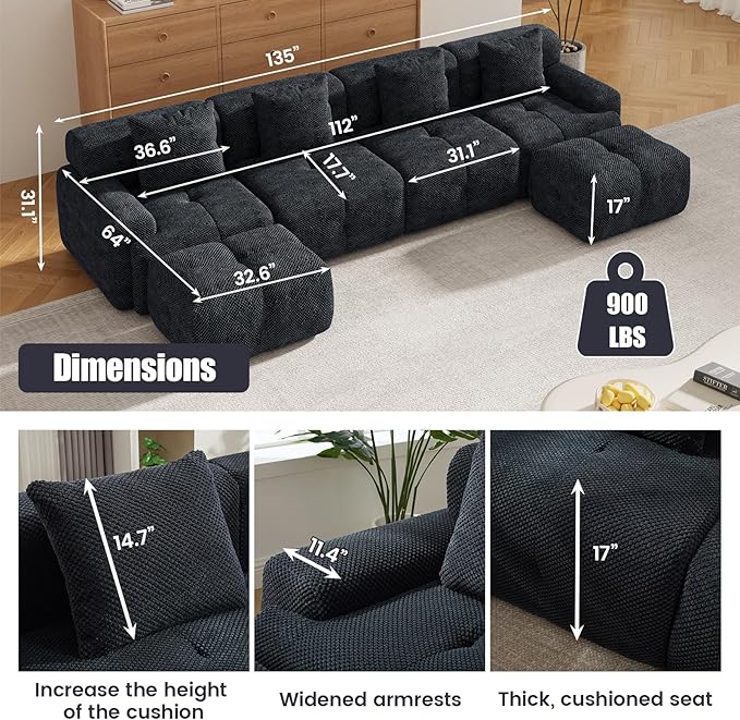 135 Modular Sectional SofaModern L-Shaped Couch with Movable Ottoman &amp Deep SeatFuzzy FabricNo AssemblyBoneless Couch for Living Room