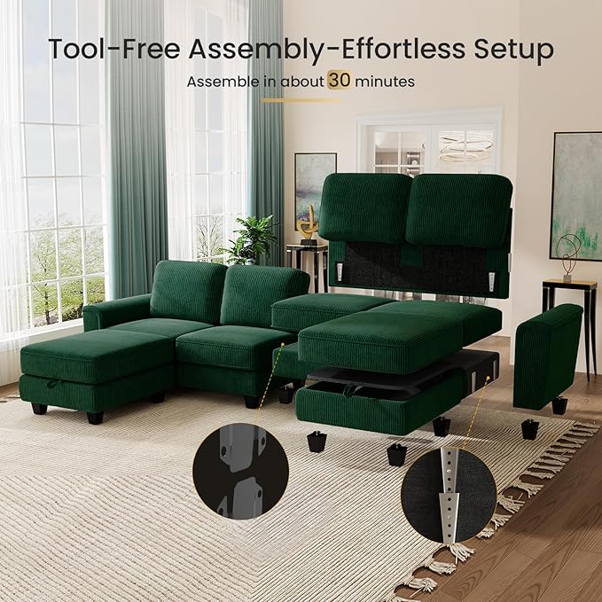 KKL Modular Sectional Sofa Couch for Living Room 106 Inches L Shaped Couch with Storage 5 Seater Corduroy Home Sofas Modern Couches with Chaise for Apartment Sofas para Sala Dark Green