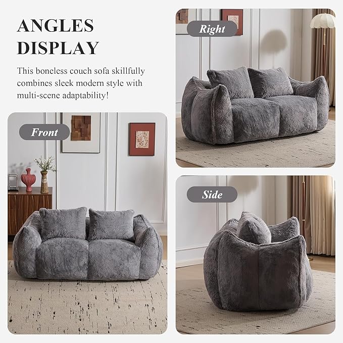 Alpen 75 Couch Loveseat Boneless Sofas with Armrests Faux Rabbit Fur Fabric Couches with Tufted Cushion &amp Backrest Sofa in a Box Large Bean Bag Chair for Bedroom Living Room Grey