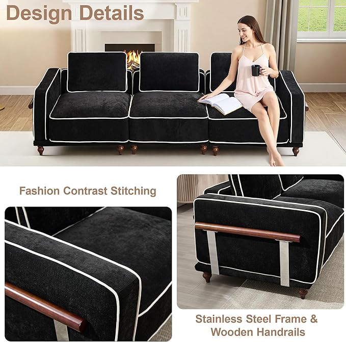 112 Cloud Modular Sectional SofaOversized Deep 3 Seater Couch with Armrests Wooden LegsComfy Thicked Cushion Upholstered Sofa for Living Room BedroomBlack