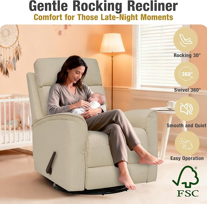 Swivel Rocker Recliner Chair for Adults Rocking Chair Small Swivel Recliner for Small Spaces Living Room Bedroom RV(Beige)