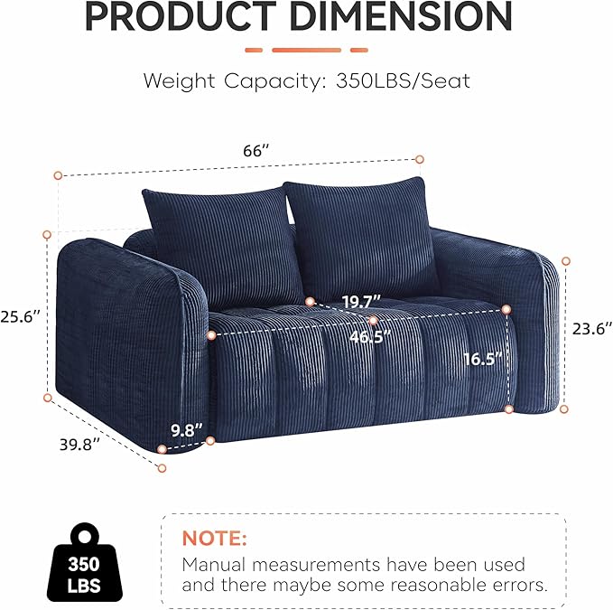 66'' Boneless Corduroy Loveseat Sofa 2 Seater Tufted Deep Seat Couch with Rounded Armrest Upholstered Cloud Couch for Living Room Bedroom No Assembly Navy