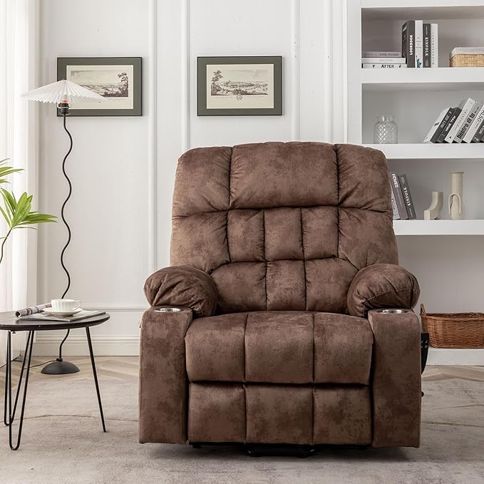Oversized Power Lift Recliner Chair for Adult Elderly Dual Motor Lay Flat Electric Recliner with Massage &amp Heat 25.5 Wide Seat Big Tall Recliners for Living Room Velvet Brown