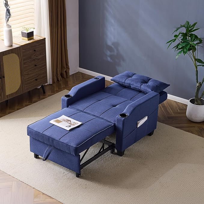 VINGLI Navy Blue Sleeper Chair Bed 3-in-1 Convertible Futon Sofa Bed Pull Out Couch Bed Adjustable Recliner Chair with USB Ports Cup Holders Side Pockets for Living Room Bedroom Small Spaces