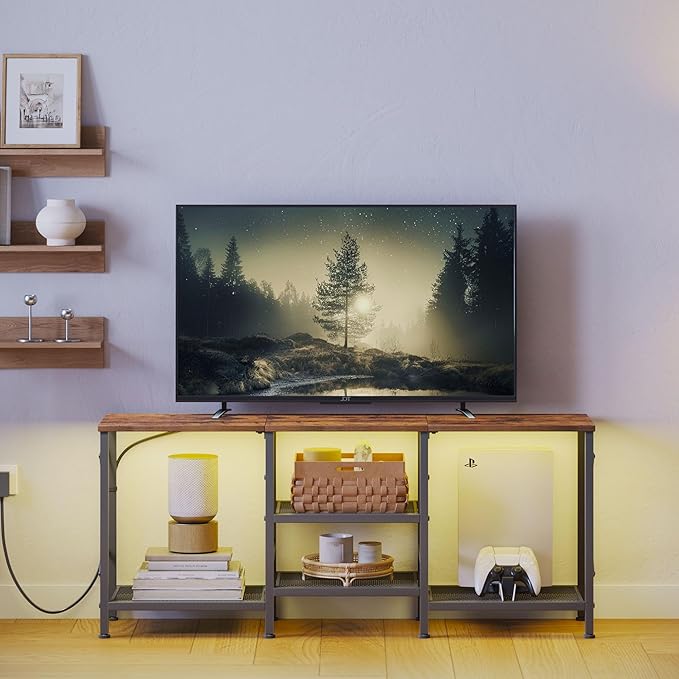 TV Stand with LED Lights for 55 Inch TV Entertainment Center with 3-Tier Open Shelves TV Console Table for Living Room Bedroom Rustic Brown