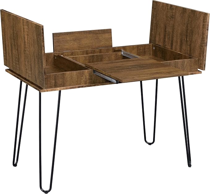 Coaster Home Furnishings – Sheeran – 47-Inch Writing Desk with Four Compartments Mid-Century Modern Style Black Hairpin Legs and Spacious Surface – Home Office &amp Living Room – Rustic Amber - 80
