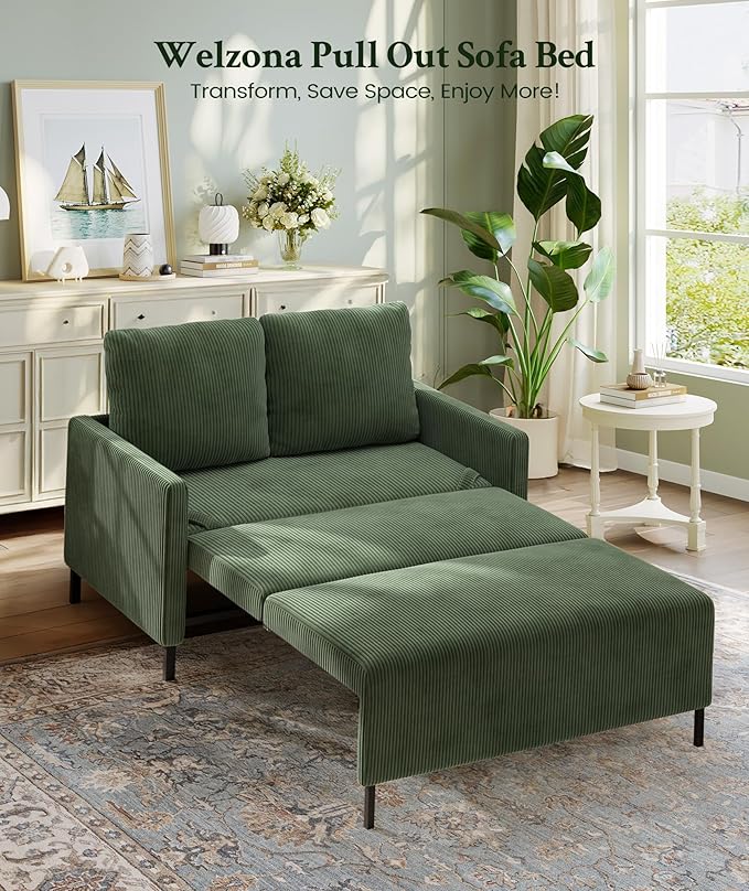 47.2 Convertible Sofa Bed Couch Comfy Corduroy Couch Bed All in 1 Loveseat Sleeper Sofa Love Seat Sleeper Bed with 2 Pillows Modern Couches for Living Room/Apartment/Home/Office Green