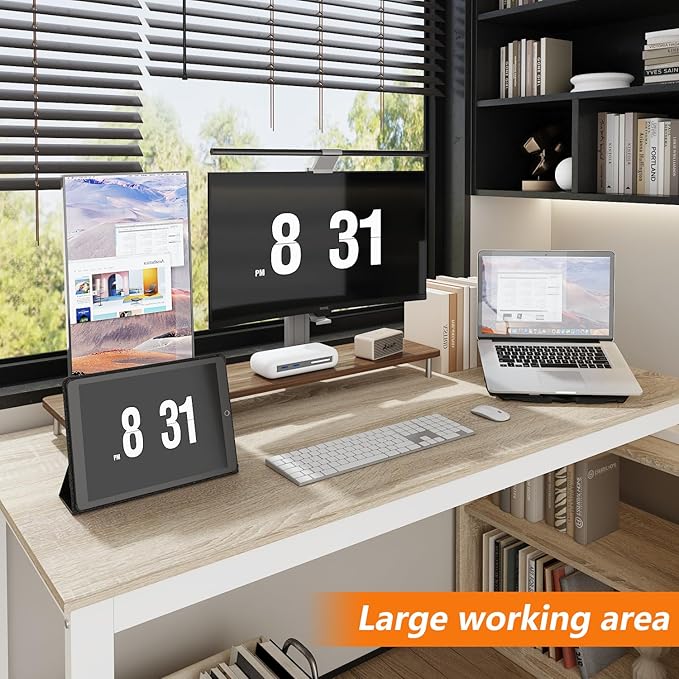 WOODTIME Walnut and White L Shaped Office Desk with 3 Drawers &amp 2 Shelves 55 Inch Reversible Corner Computer Desk Home Office Executive Writing Sturdy Desk with Metal Legs