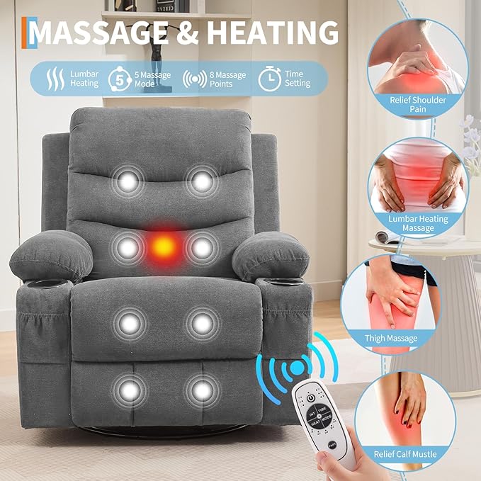 IDEALHOUSE Rocker Recliner Chair with Massage and Heat Swivel Reclining Sofa with Cup Holder Side Pockets Front Pockets Rocking Chair for Living Room Bedroom Nursery (Grey Linen)