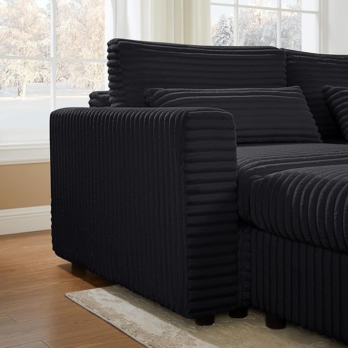 VANOMi 82 Modular Sectional Sofa Bed with Storage Ottomans Convertible Comfy 4-Seater Corduroy Cloud Couch Modern Sleeper Chaise for Living Room (Black Sleeper Bed-3)