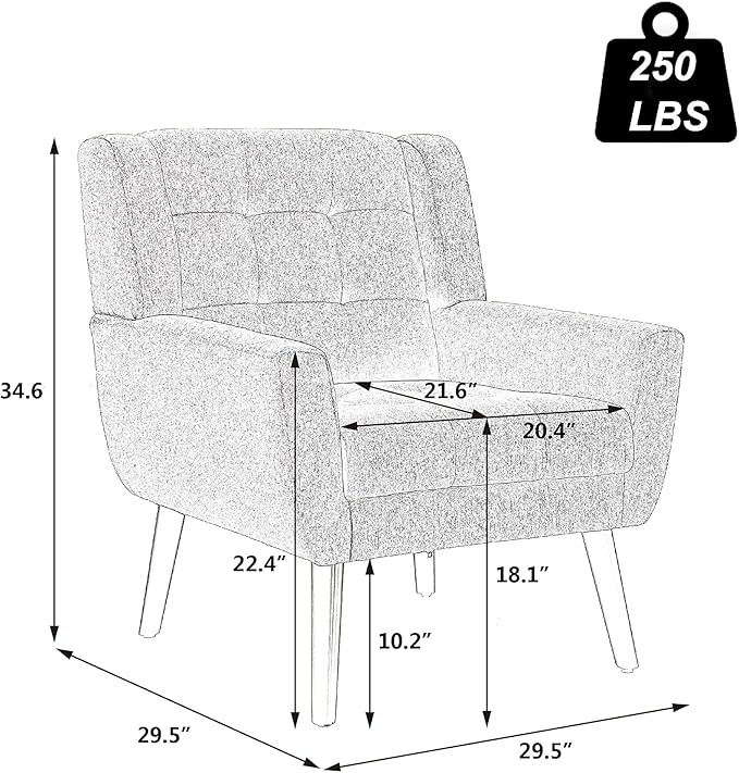 SSLine Linen Accent Arm ChairMid-Century Modern Upholstered Wingback Single Sofa Armchair Club Chair with Solid Wood Legs Thick Cushion for BedroomReadingLiving Room Chair (Beige)