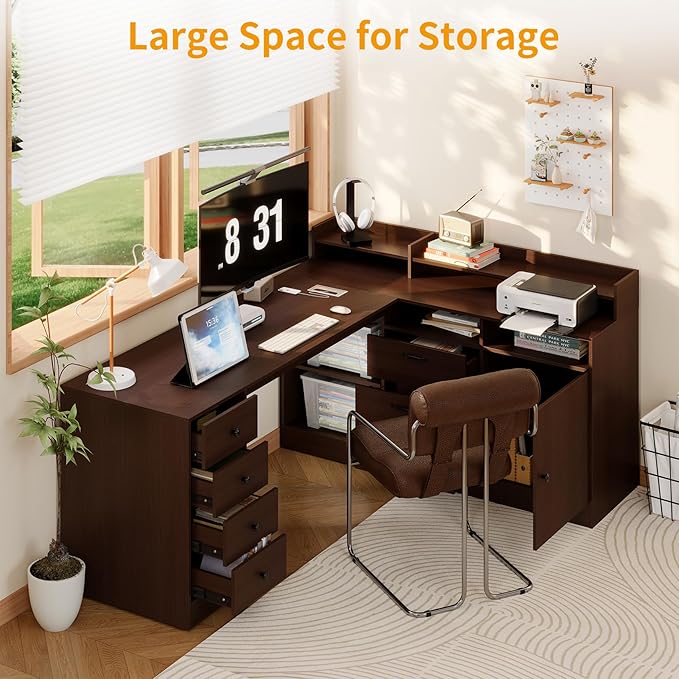 78 L Shape Executive Desk - Large Office Desk with Drawers and Cabinet Storage Business Furniture with Charging Station &amp USB Ports Modern Computer Desk for Home Office Brown