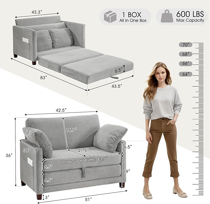 51 Loveseat Sleeper Sofa Bed Corduroy Convertible Floor Sofa Bed for Small Spaces Folding Couch Bed with Deep Seat 2 Pillows &amp Solid Frame Pull Out Floor Couch for Living Room Grey