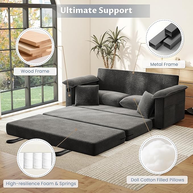 SUNWAVE Oversized Loveseat Sleeper Sofa 77 Convertible Sofa Bed 2-Seat Pull Out Couch w/USB Chenille Queen Folding Sofa Bed for Living Room Small Spaces Bedroom (Black)