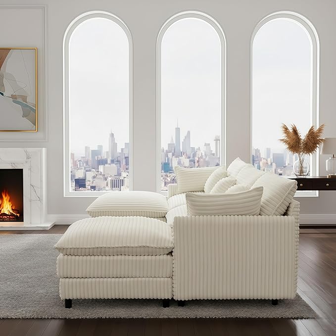 108'' Modular Sectional Sofa U-Shaped Sectional Couch with Deep SeatComfy Fluffy Soft Corduroy 5-Seat Couches Modern Convertible Cloud Sofa with Ottoman for Living Room Apartments(Beige)