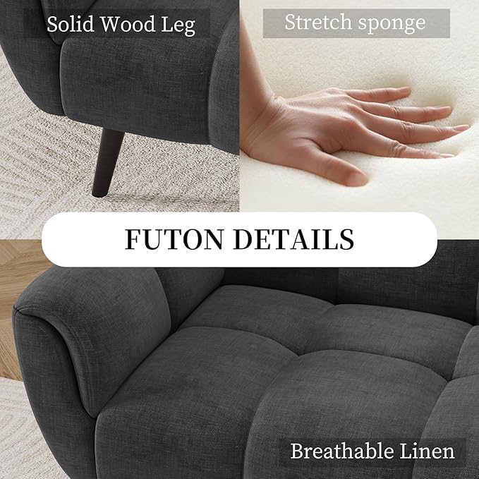 Convertible Futon Sofa Bed 76.77 Modern Linen Futon Couch Comfy Sleeper Sofa with Adjustable Backrests Couch Bed for Small Spaces Living Room Bedroom Apartment Dark Grey