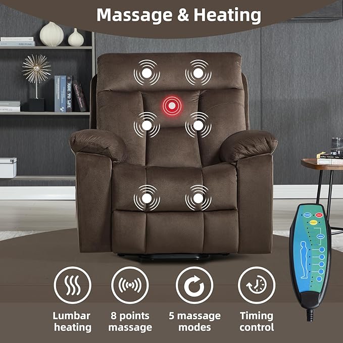 CANMOV Large Power Lift Recliner Chair with Massage and Heat for Elderly Big and Tall People Overstuffed Wide Recliners with 2 Cup Holders Side Pocket and USB Port Dark Brown