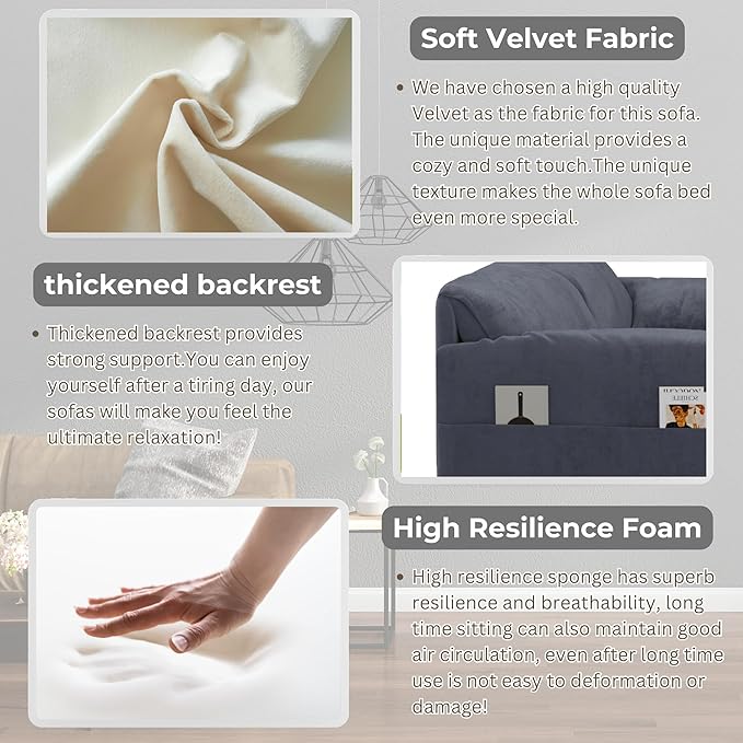 3 in 1 Convertible Queen Sleeper Sofa Bed Comfy Pull Out Futon Couch Bed 66 Modern Velvet Recliner Loveseat Sofa Multi-Functional Grey Cloud Couch for Living RoomApartmentOffice (Grey 66)