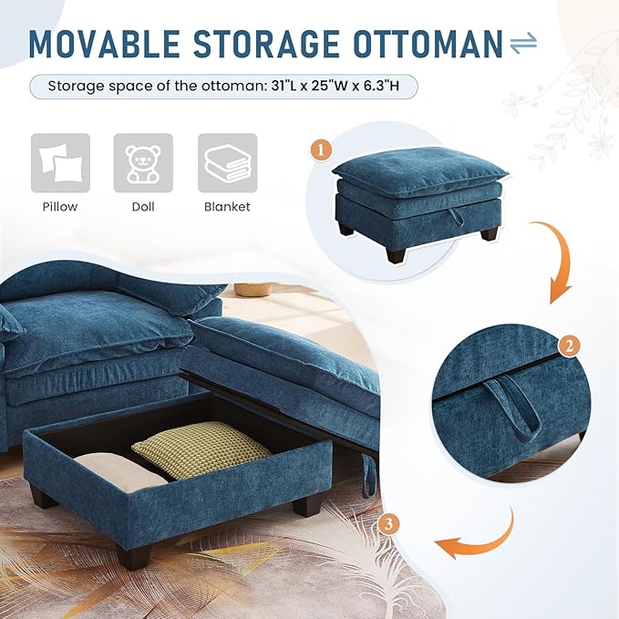 Oversized Chair with Ottoman Cloud Chenille Fabric Comfy Chaise Lounge Sofa Accent Arm Single Chair Indoor with Padded Armrest for Living Room Bedroom Office Storage Ottoman Blue