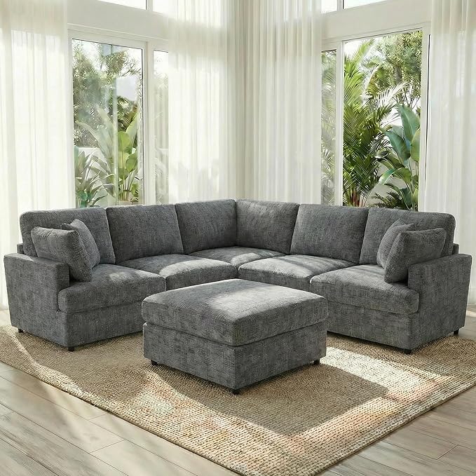 ERYE 122-Inch Modern Corner Modular Sectional Sofa Couches with Ottoman and 4 Toss Pillows Comfy Chenille Upholstered U-Shaped Sofa Convertible L-Shaped Symmetrical Couch