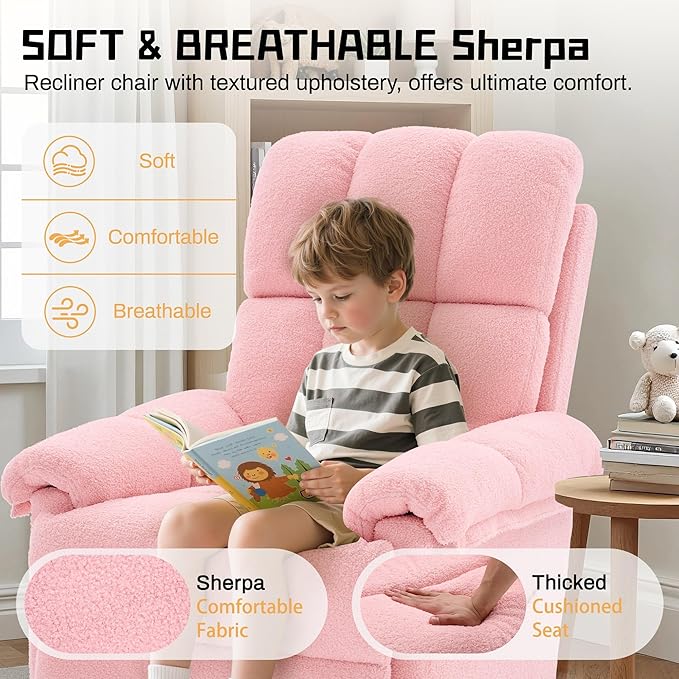 Recliner Chair Swivel Rocker Recliner Chair for Adults Small Recliners for Small Spaces Manual Recliner with Side Pockets Upholstered Nursery Rocking Chair for Living Room Sherpa Pink