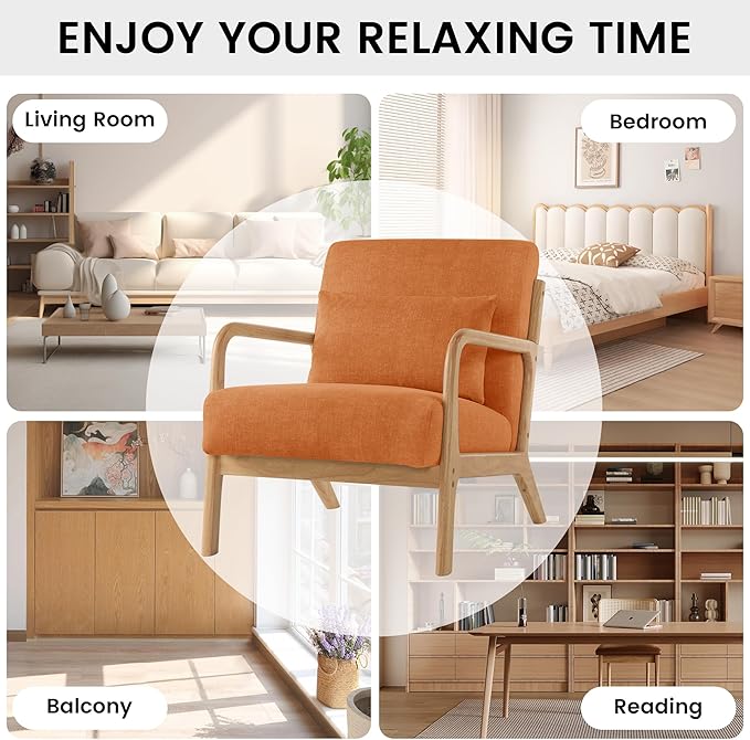 Mid Century Modern Accent Chair Set of 2 Upholstered Chair for Living Room Accent Chair with Lumbar Pillow Solid Wood Frame Reading Chair Armchair for Bedroom Small Spaces Orange