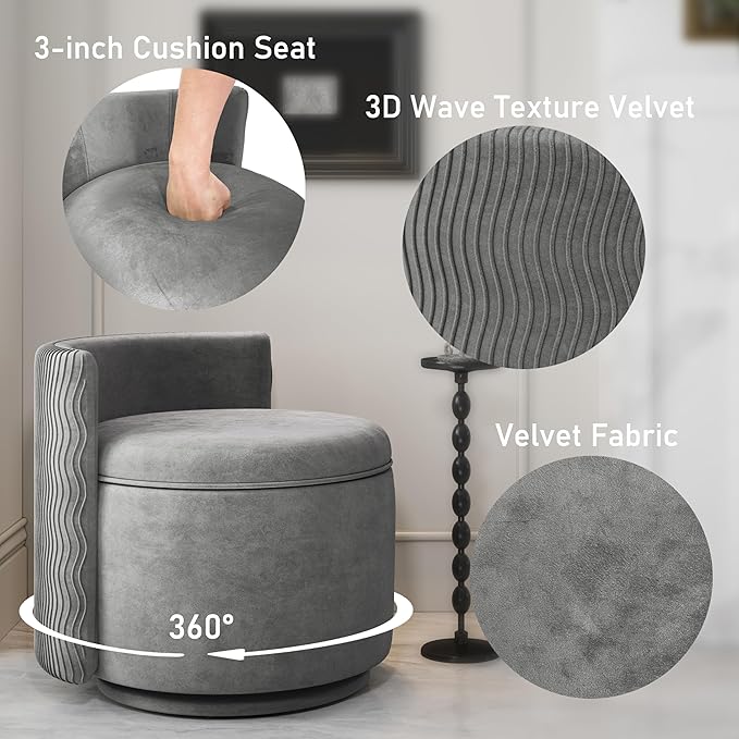 360° Swivel Accent Chair with Storage Vanity Stool with Back Velvet Storage Ottoman Upholstered Round Barrel Vanity Chair for Living Room Makeup Room Bedroom (Gray)