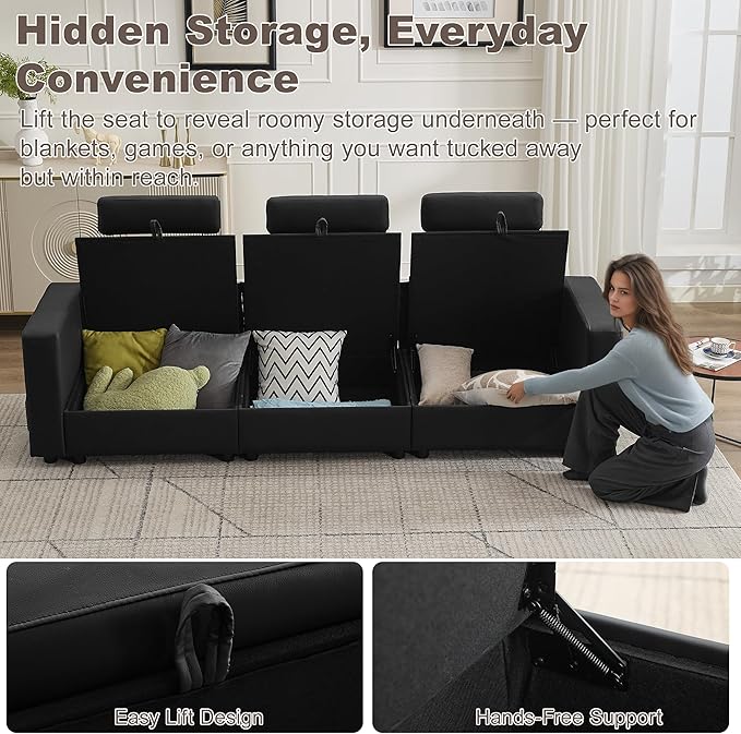98.2 Oversized 3 Seater Storage Couch Faux Leather Modular Sectional Sofa with Headrest &amp Side Pockets Cloud Upholstered Couches Deep Seat Sofas for Living Room Apartment Small Spaces Black
