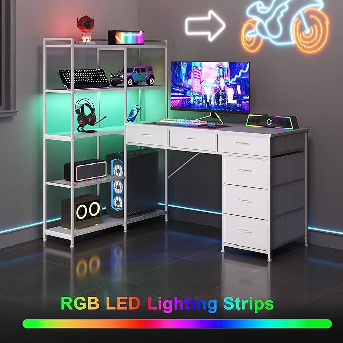 Garvee L Shaped Gaming Computer Desk with 6 Fabric Drawers Corner Gaming Desk with Open Shelves Home Office PC Table with Power Outlets &amp LED Lights 58.3 l*54.3 h White