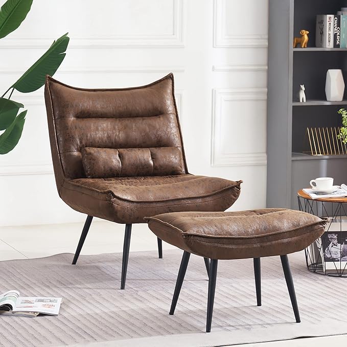 MCombo Wingback Accent Chair with Ottoman Modern Bronzing Fabric Upholstered Club Chair for Small Space Living Room 4400 (Dark Brown)