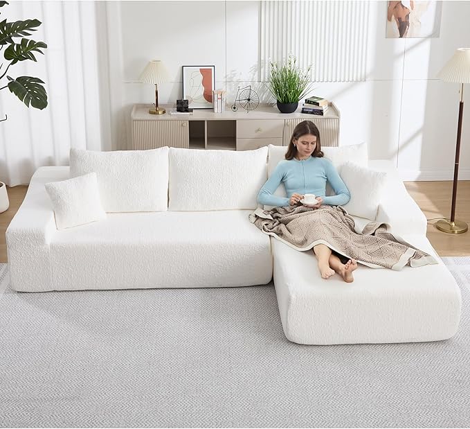 108 L Shaped Boneless Couch with Right Chaise Cloud Sectional Couches with Deep Seat 3 seat modular Sofa Memory Foam Couch with Throw Pillows for Living Room No Assembly Required White