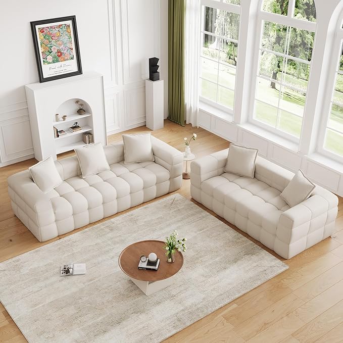 2 Piece Cloud Sofas Set Comfy Tufted Deep Seat 2 Seater Loveseat &amp 3 Seater Couch Sets Modern Chenille Compression Bubble Sofa for Living Room No Assembly Required Beige White