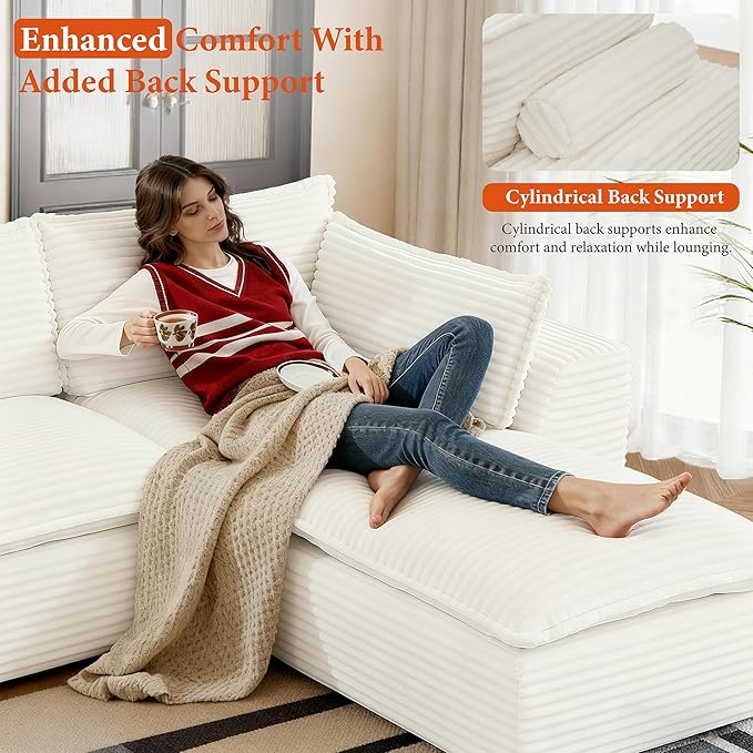 110 Sectional Couches for Living Room Boneless Couch Upholstered Cloud Couch Sectional Modular Sectional Sofa with L Shaped (Corduroy-White 3 Seat+2 Ottoman)
