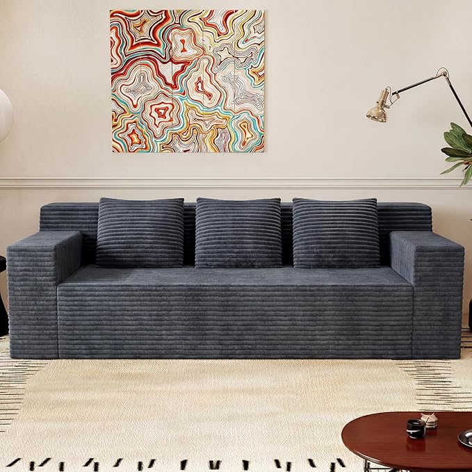 71 Corduroy Living Room Sofa 3 Setaser Deep Seat Couch with 3 Lumbar Pillows Comfy Boneless Sofa Modern Compressed Couch for Bedroom Office Apartment No Assembly Flat Armrests (Dark Grey)