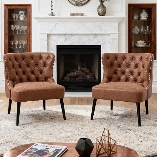 chairus Tufted Slipper Accent Chairs Set of 2 Faux Leather Upholstered Armless Living Room Chairs with Nailhead Trim Mid-Century Modern Wingback Side Chairs for Bedroom Office Brown PU