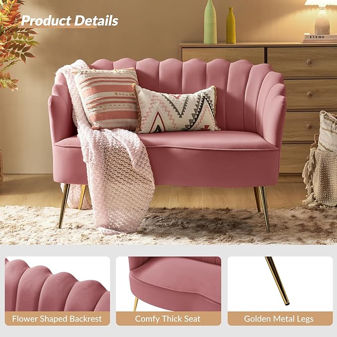 Velvet Upholstered Loveseat Sofa with Gold Metal Legs Modern Comfy Small Love Seat with Flower Shaped Back 2-Seater Sofa Accent Couch for Living Bedroom Leisure Areas Rose Wood